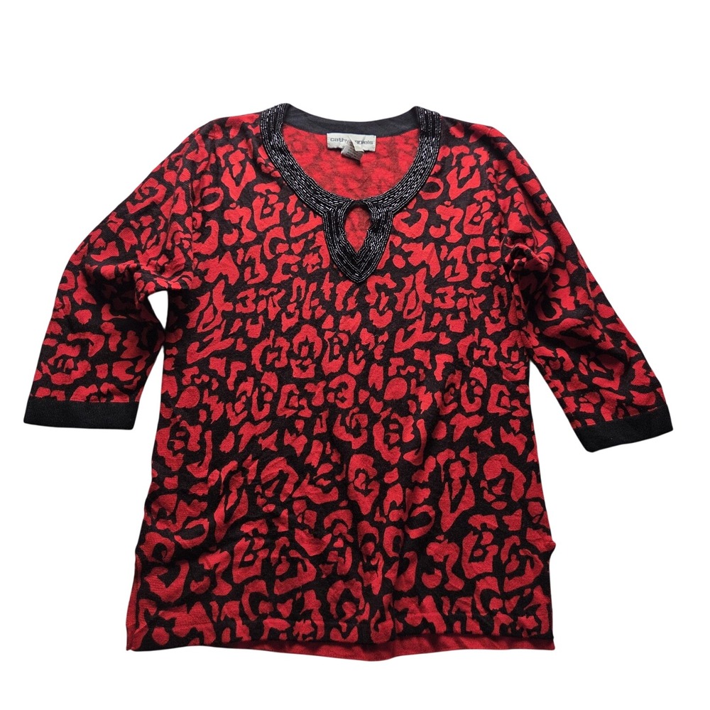 Cathy Daniels Sweater Womens Medium Red Animal Print Beaded Scoop Neck Knit